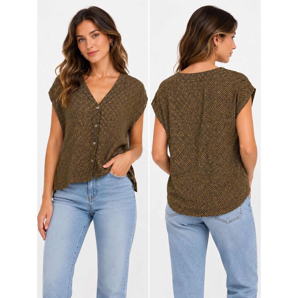 Bridge & Burn Blouse Womens M Olive Green Geometric V-Neck Button Front Boho